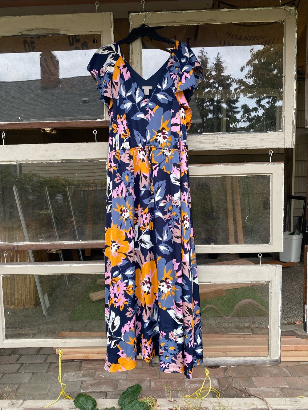 Women’s Navy Floral Maxi Dress with Flutter Sleeves
